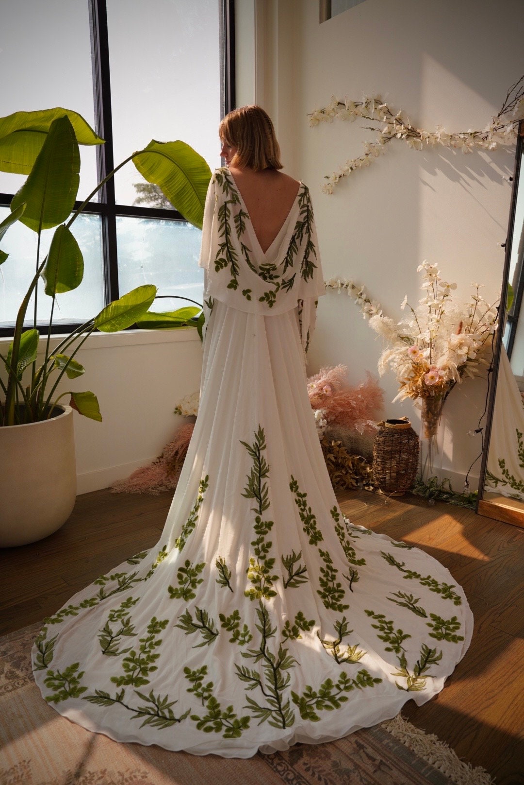 Olive Green Vines Nature Inspired Wedding Dress Unique Wedding Dress With Leafs Green Wedding Dress Embroidery